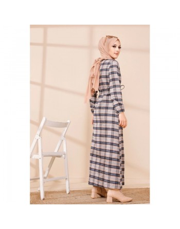 Robe longue en cachemire (Vetement hijab) - Couleur bleu marine et saumon 