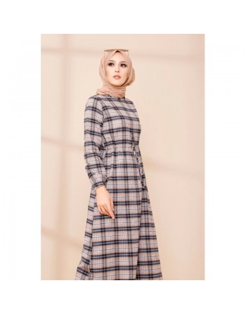 Robe longue en cachemire (Vetement hijab) - Couleur bleu marine et saumon 