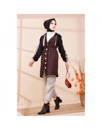Tunique avec capuche pour femme (Vetement hijab style moderne) - Couleur noir et rouge 