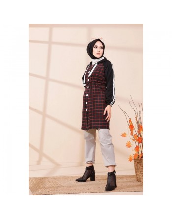 Tunique avec capuche pour femme (Vetement hijab style moderne) - Couleur noir et rouge 