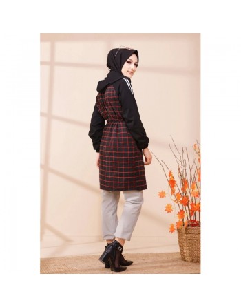 Tunique avec capuche pour femme (Vetement hijab style moderne) - Couleur noir et rouge 