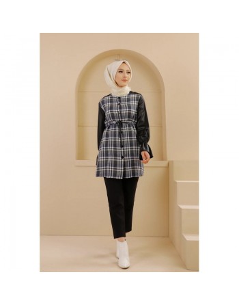 Tunique à carreaux et skaï pour femme (Vêtement Hijab - Collection) - Couleur bleu écru 