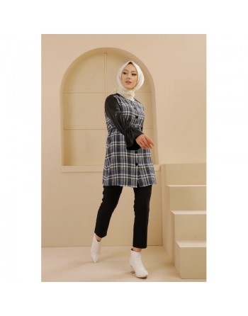 Tunique à carreaux et skaï pour femme (Vêtement Hijab - Collection) - Couleur bleu écru 