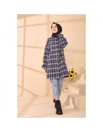 Chemise ample - Tunique à carreaux (Vêtement Hijab style 2024) - Rayures de couleur bleu 