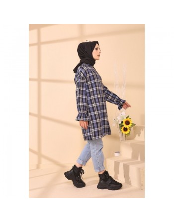 Chemise ample - Tunique à carreaux (Vêtement Hijab style 2024) - Rayures de couleur bleu 