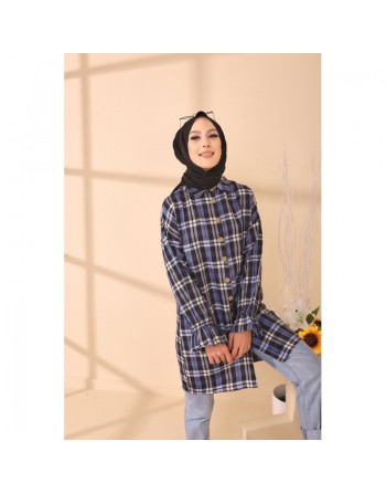 Chemise ample - Tunique à carreaux (Vêtement Hijab style 2024) - Rayures de couleur bleu 