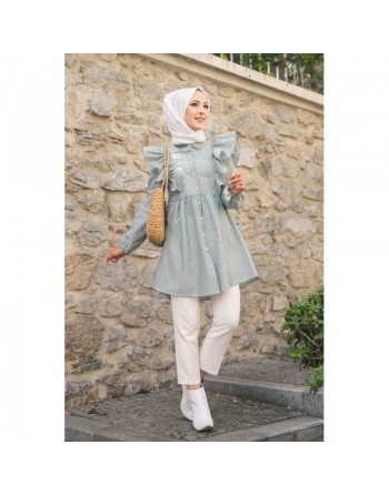 Tunique-chemise à volants ample pour femme (Vêtement pour Hijab - Nouvelle collection 2024) - Couleur des rayures vert... 