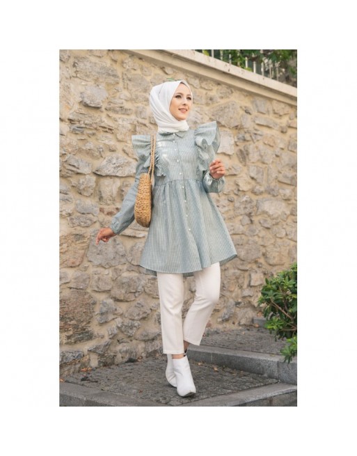 Tunique-chemise à volants ample pour femme (Vêtement pour Hijab - Nouvelle collection 2024) - Couleur des rayures vert... 