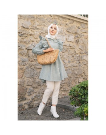 Tunique-chemise à volants ample pour femme (Vêtement pour Hijab - Nouvelle collection 2024) - Couleur des rayures vert... 