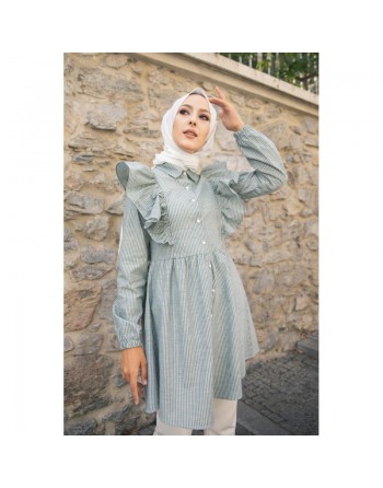 Tunique-chemise à volants ample pour femme (Vêtement pour Hijab - Nouvelle collection 2024) - Couleur des rayures vert... 