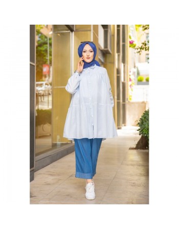 Chemise-Tunique casual ample à rayures bleu clair (Nouveauté Tenue Hijab pour femme voilée) 