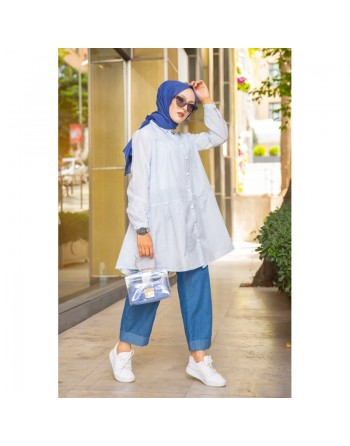 Chemise-Tunique casual ample à rayures bleu clair (Nouveauté Tenue Hijab pour femme voilée) 