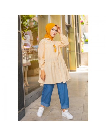 Chemise-Tunique casual ample à rayures jaunes (Mode Musulmane 2024 pour femme voilée) 
