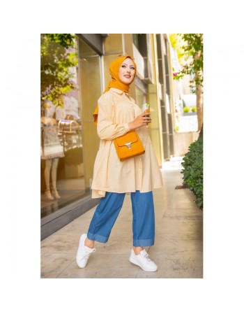 Chemise-Tunique casual ample à rayures jaunes (Mode Musulmane 2024 pour femme voilée) 