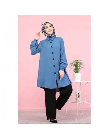 Chemise mi-longue fluide ample légèrement brillante (Vetement femme voilée) - Couleur Bleu 
