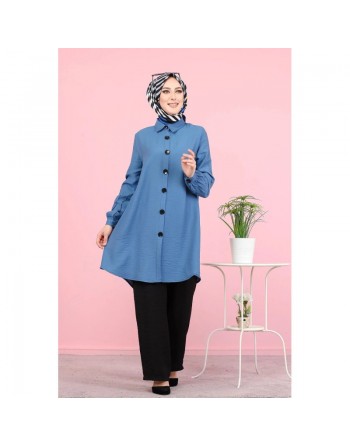 Chemise mi-longue fluide ample légèrement brillante (Vetement femme voilée) - Couleur Bleu 