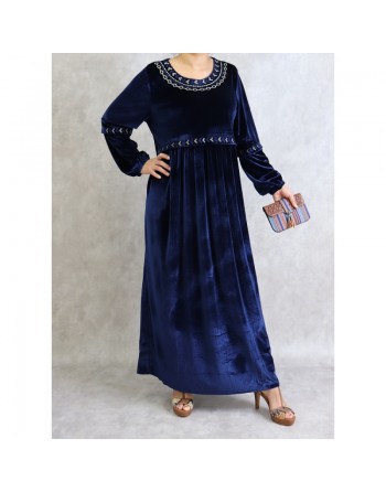 Robe longue en velours avec broderies - Couleur bleu marine 