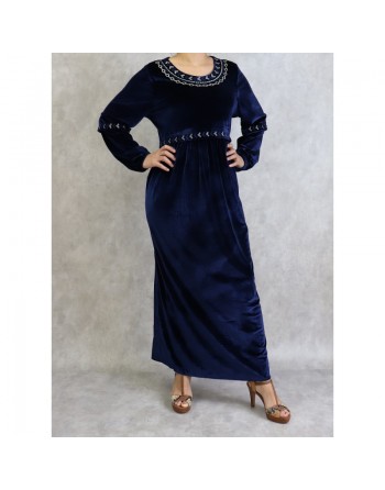 Robe longue en velours avec broderies - Couleur bleu marine 