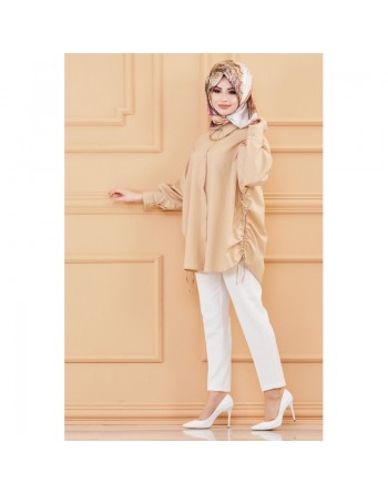 Chemise-Tunique fendue habillée pour femme (Style vestimentaire hijab) - Couleur beige 