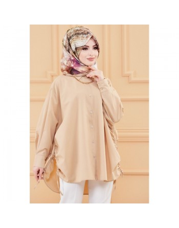 Chemise-Tunique fendue habillée pour femme (Style vestimentaire hijab) - Couleur beige 