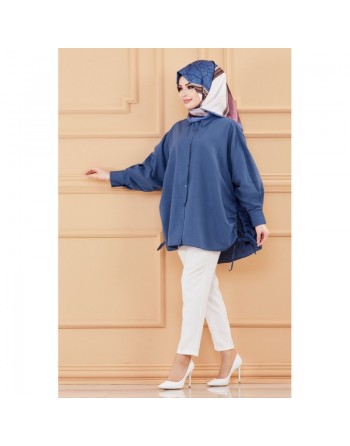 Tunique-chemise fendue habillée pour femme (Vêtement ample pour hijab style) - Couleur bleu pétrole 
