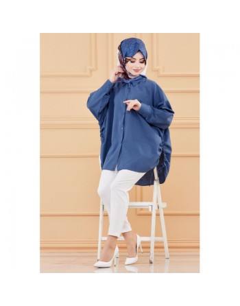 Tunique-chemise fendue habillée pour femme (Vêtement ample pour hijab style) - Couleur bleu pétrole 