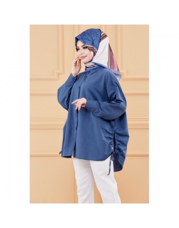 Tunique-chemise fendue habillée pour femme (Vêtement ample pour hijab style) - Couleur bleu pétrole 
