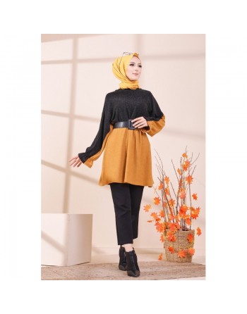 Tunique bicolore pour femme (Vetement hijab) - Couleur noir et moutarde 