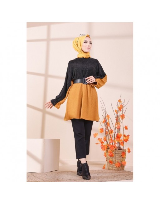Tunique bicolore pour femme (Vetement hijab) - Couleur noir et moutarde Tunique bicolore pour femme (Vetement hijab) - Couleur noir et moutarde