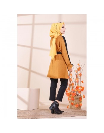 Tunique bicolore pour femme (Vetement hijab) - Couleur noir et moutarde 