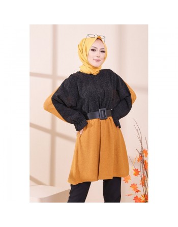 Tunique bicolore pour femme (Vetement hijab) - Couleur noir et moutarde 