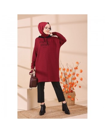 Tunique type sweat long à capuche (Vêtement pour Hijab - Mode Musulmane) - Couleur bordeaux (rouge foncé) 