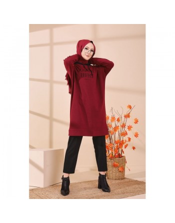 Tunique type sweat long à capuche (Vêtement pour Hijab - Mode Musulmane) - Couleur bordeaux (rouge foncé) 