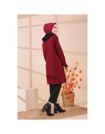 Tunique type sweat long à capuche (Vêtement pour Hijab - Mode Musulmane) - Couleur bordeaux (rouge foncé) 