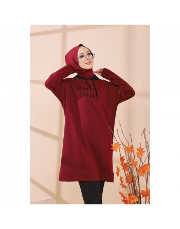 Tunique type sweat long à capuche (Vêtement pour Hijab - Mode Musulmane) - Couleur bordeaux (rouge foncé) 