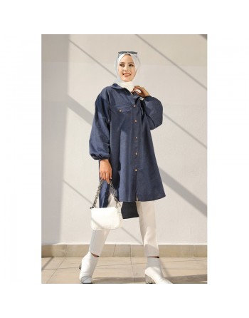 Chemise-Tunique ample pour femme (Vêtement Hijab 2024) - Couleur bleu indigo 