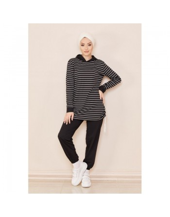 Ensemble décontracté tunique à rayures et son pantalon assorti - Couleur noir 