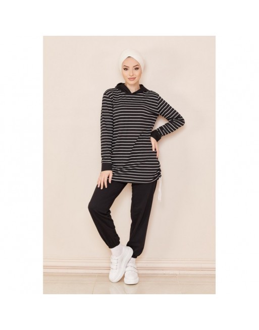 Ensemble décontracté tunique à rayures et son pantalon assorti - Couleur noir Ensemble décontracté tunique à rayures et son pantalon assorti - Couleur noir