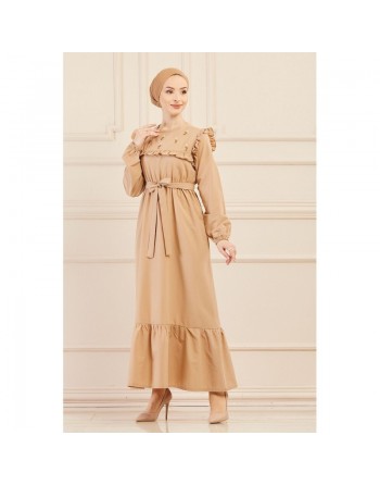 Robe brodée pour femme (Tenue élégante pour hijab) - Couleur beige 
