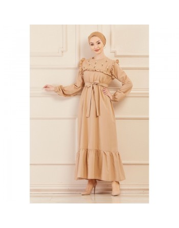Robe brodée pour femme (Tenue élégante pour hijab) - Couleur beige 