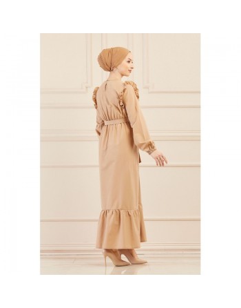 Robe brodée pour femme (Tenue élégante pour hijab) - Couleur beige 