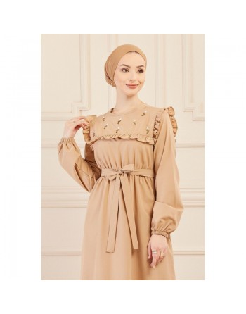 Robe brodée pour femme (Tenue élégante pour hijab) - Couleur beige 