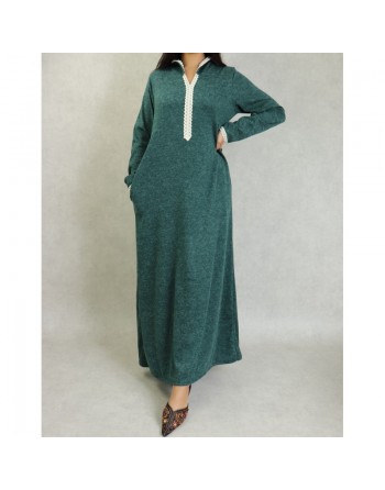 Djellaba tissu épais effet chiné pour femme avec dentelle et capuche - Couleur Vert chiné 