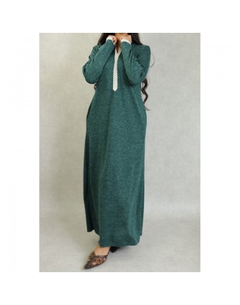 Djellaba tissu épais effet chiné pour femme avec dentelle et capuche - Couleur Vert chiné 