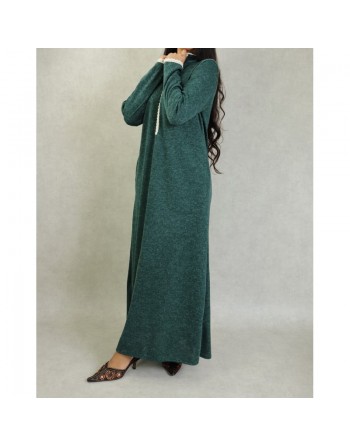 Djellaba tissu épais effet chiné pour femme avec dentelle et capuche - Couleur Vert chiné 