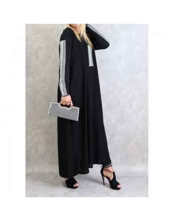 Robe femme de type Abaya Dubai moderne et chic à strass argentés et écharpe noire assortie 