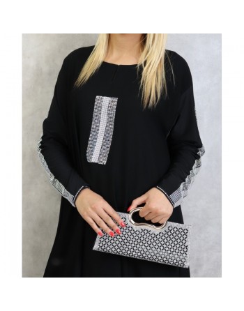 Robe femme de type Abaya Dubai moderne et chic à strass argentés et écharpe noire assortie 