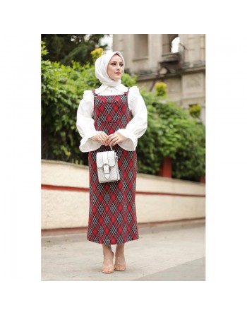 Robe Salopette femme à carreaux (Vente en ligne Prêt à porter femme musulmane) - Couleur gris et rouge 