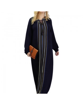 Robe Abaya brodée pour femme - Couleur Bleu Marine 