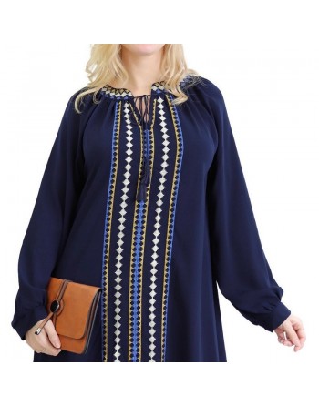 Robe Abaya brodée pour femme - Couleur Bleu Marine 